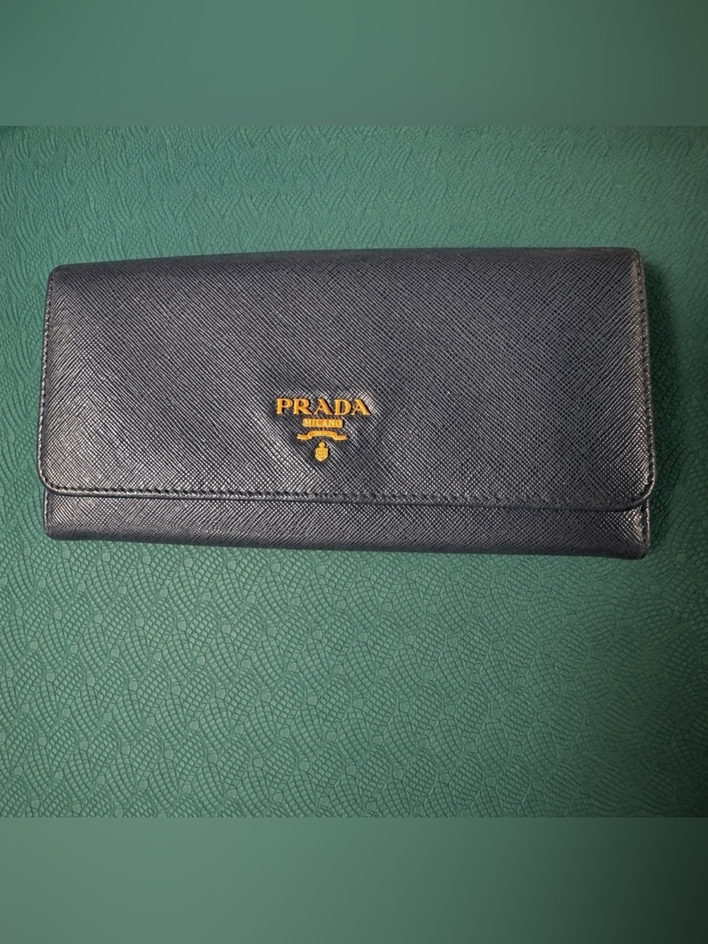 Authentic Prada dark blue Saffiano Leather Wallet with Gold Logo